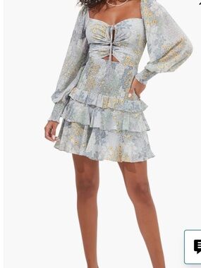 Astr Floral Smocked Tiered Mini Dress in Light Blue and Yellow size L
